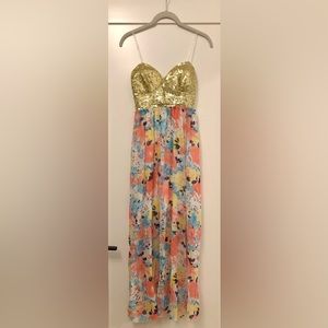 NWOT- Strapless mermaid dress w/ gold sequin bust & multi-color floral print